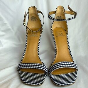 Material Girl Women's Blue White Gingham High Open Toe Ankle Wrap Blaire 5, Sz 8